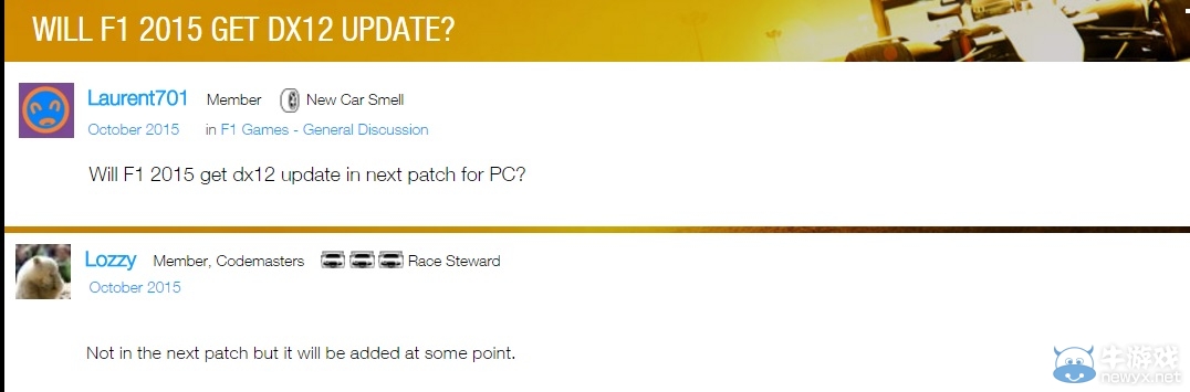 《F1 2015》即将迎来DX12更新补丁 游戏更加真实